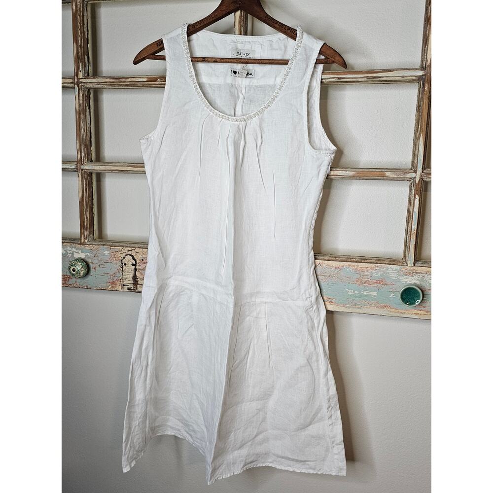 Linen Dress White Drop Waist Pearl Accents by Malvin Germany Ladies size Small - Picture 1 of 11